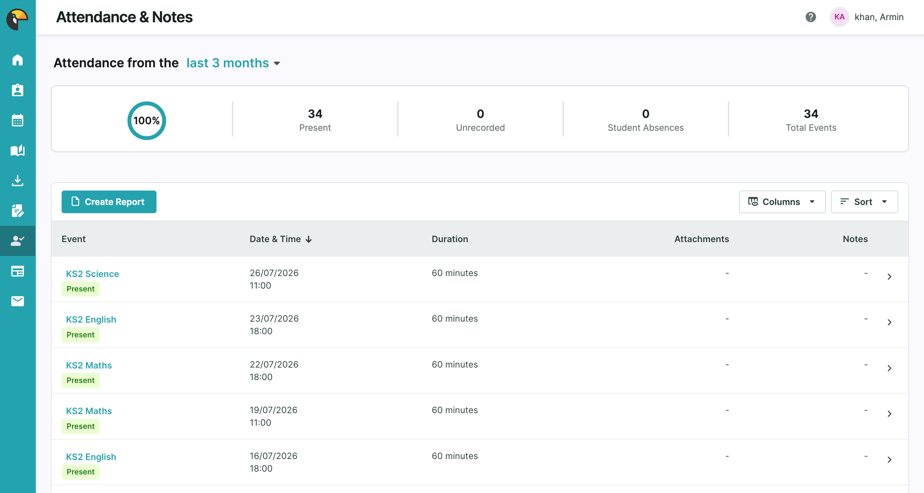 TutorBird attendance dashboard showing 100% attendance and session log