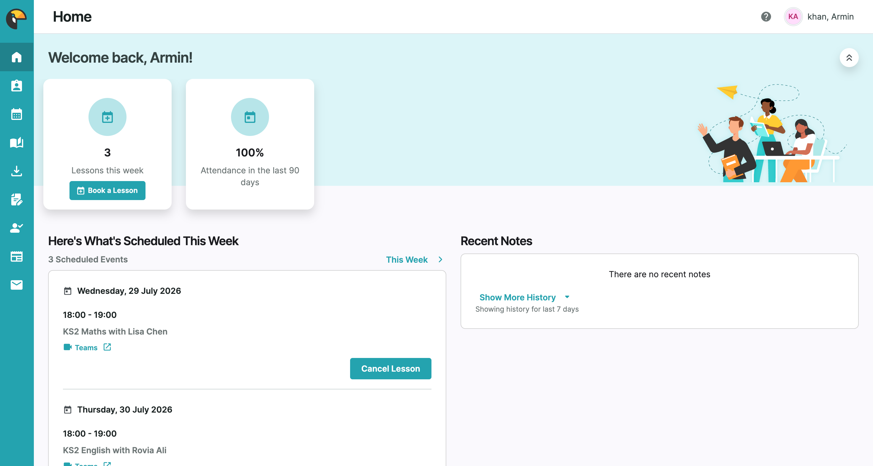 TutorBird home dashboard showing upcoming lessons and attendance