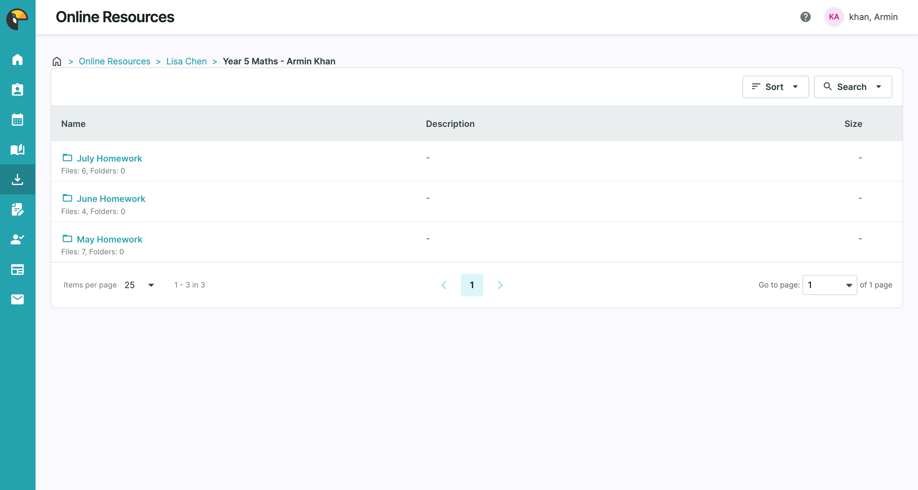 TutorBird online resources showing homework folders by month