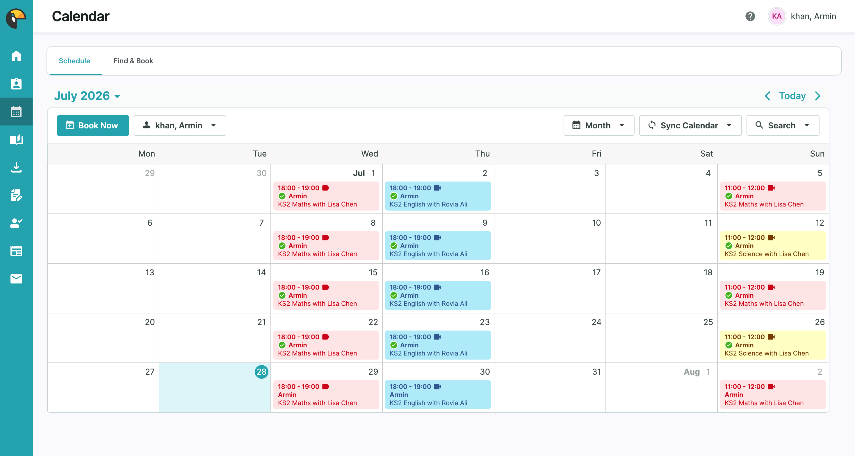 TutorBird calendar showing colour-coded sessions for July 2026